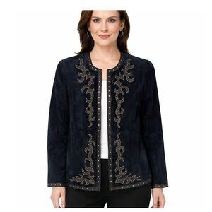 Linea by Louis Dell'Olio Black Leather Blazer Embroidered Details NWT *
